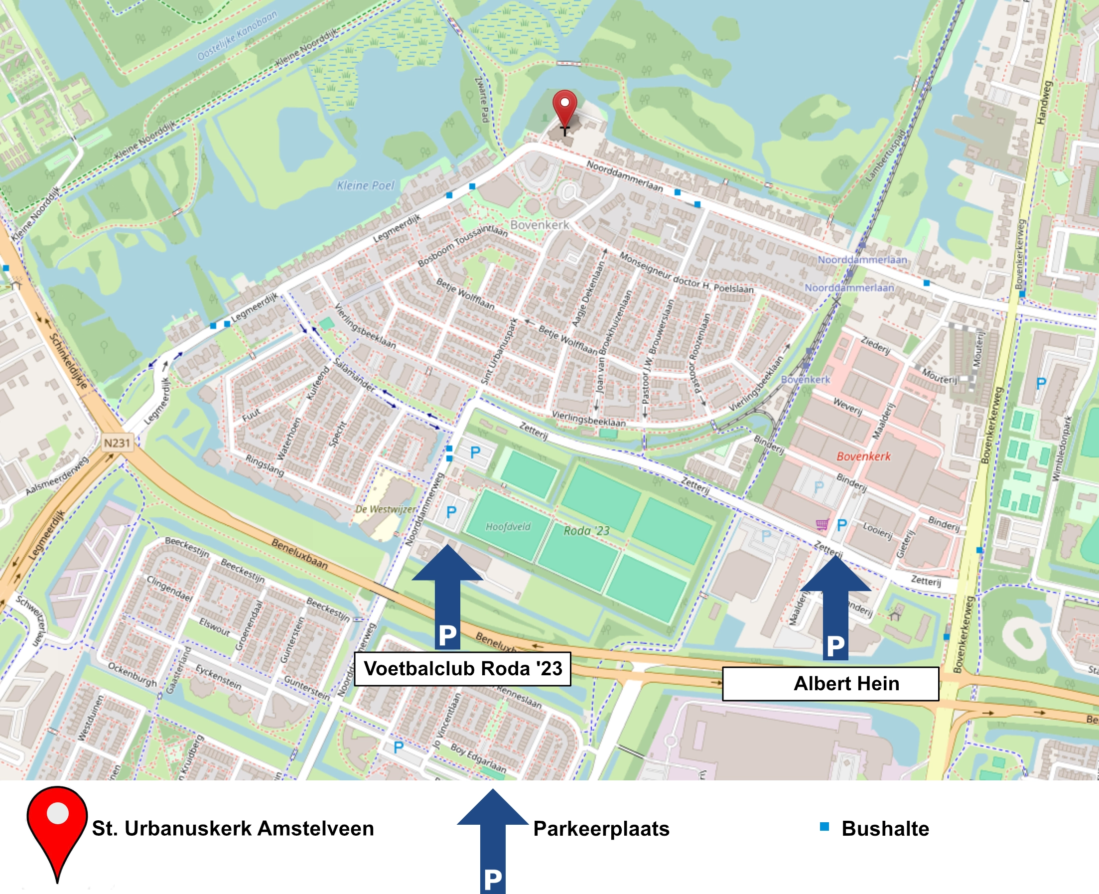 Parkeren en bushaltes voor Urbanuskerk Amstelveen